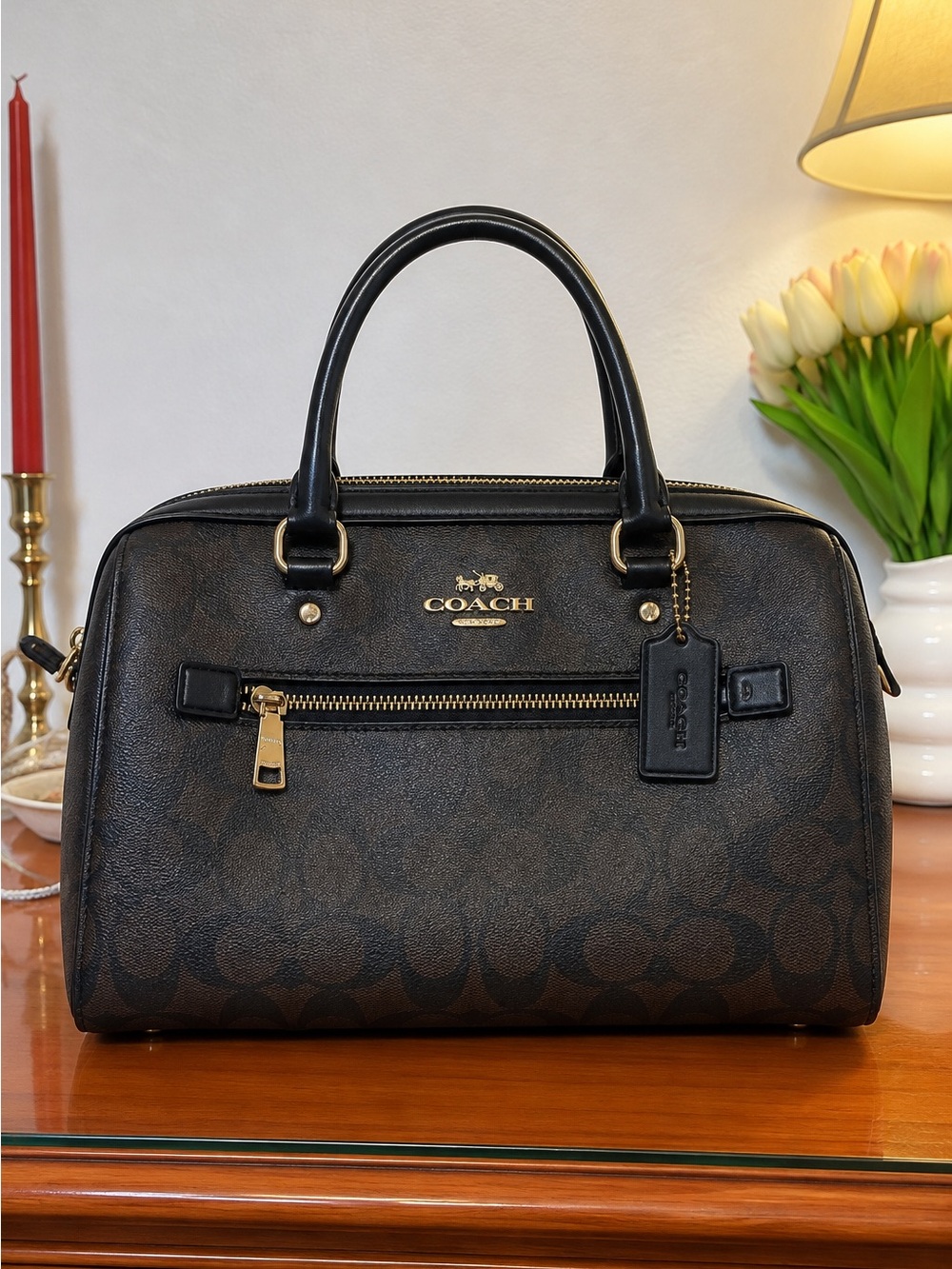 Coach Signature Rowan Satchel Brown & Black Gold Hardware
